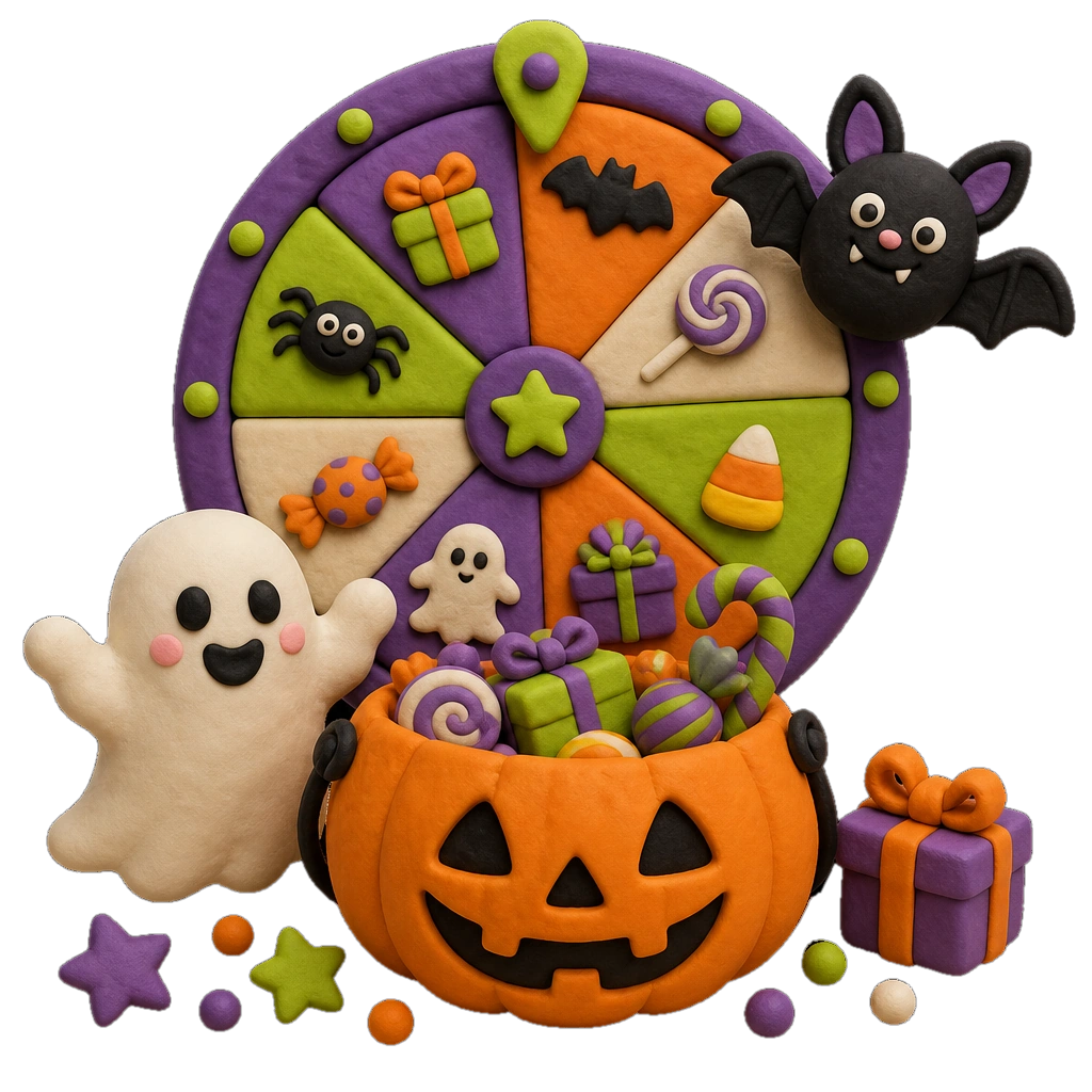 Clay-style 3D Halloween pumpkin with prize wheel